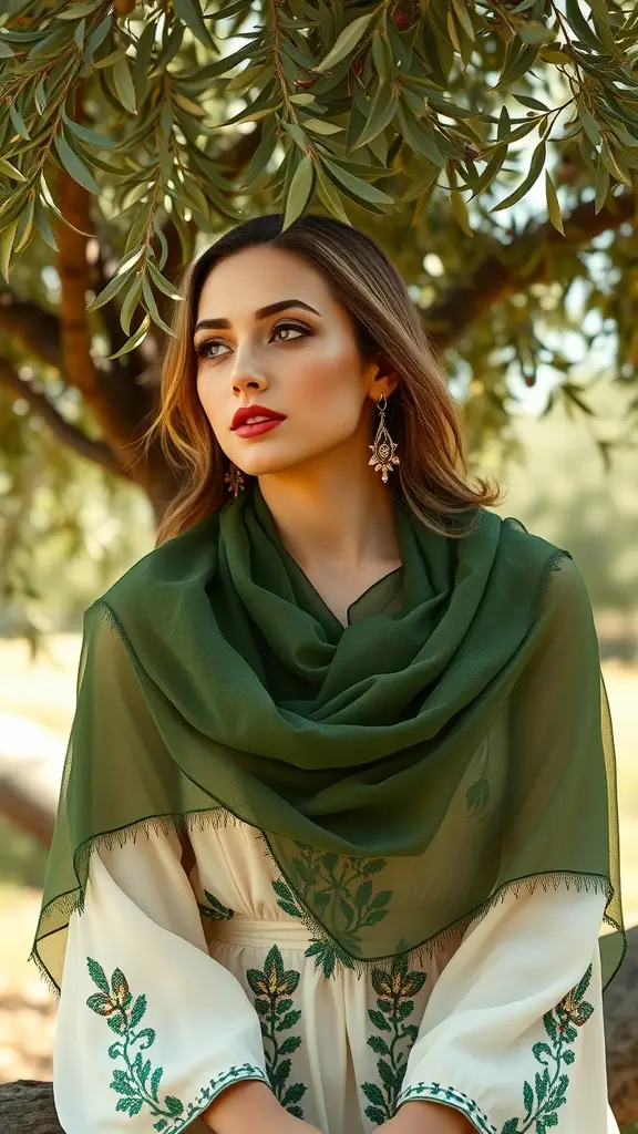 A woman wearing an olive-green scarf and an embroidered outfit, surrounded by olive trees.