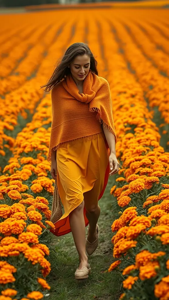 A woman wearing a golden shawl walking through a field of marigold flowers.