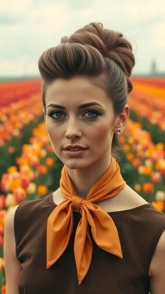 A woman wearing a caramel-colored scarf tied around her neck, standing in a field of blooming flowers.