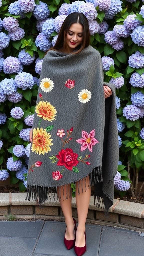A woman wearing a floral tapestry shawl with vibrant flowers, standing against a backdrop of blue hydrangeas.