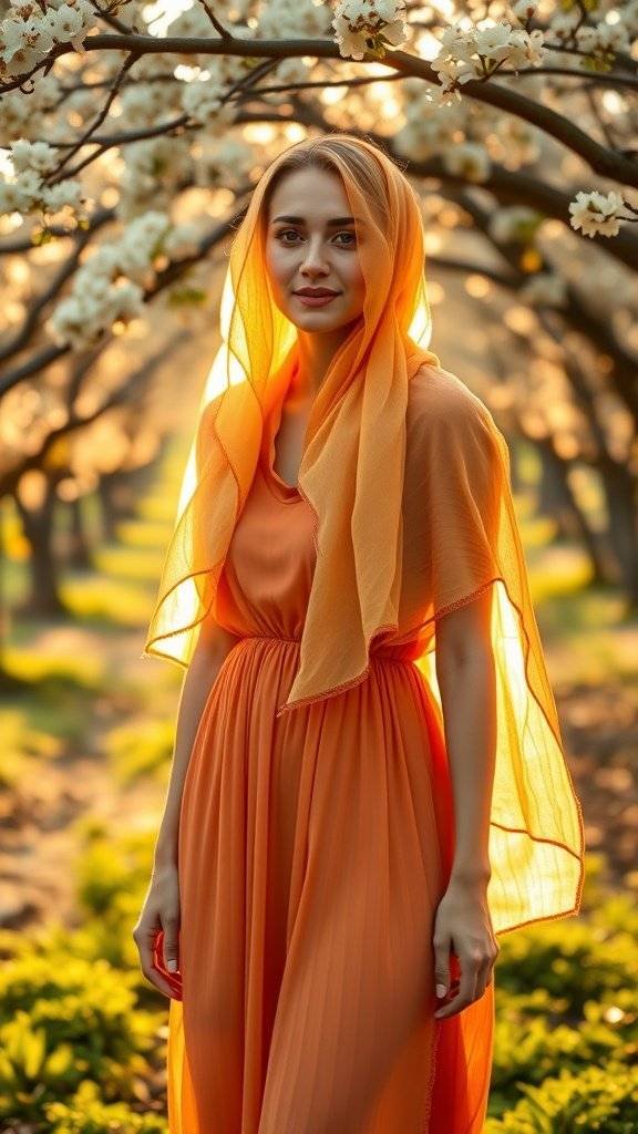 A model wearing an orange dress and gauze scarf stands in a garden during golden hour, surrounded by blooming flowers.