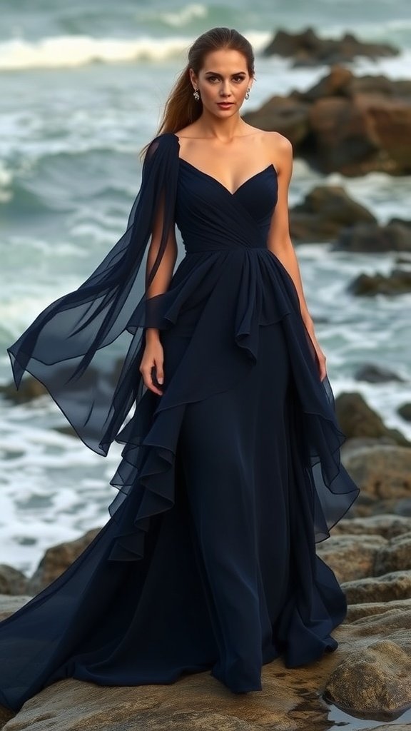 A woman in a flowing sapphire blue bridesmaid dress stands on rocky shores, with waves crashing in the background.