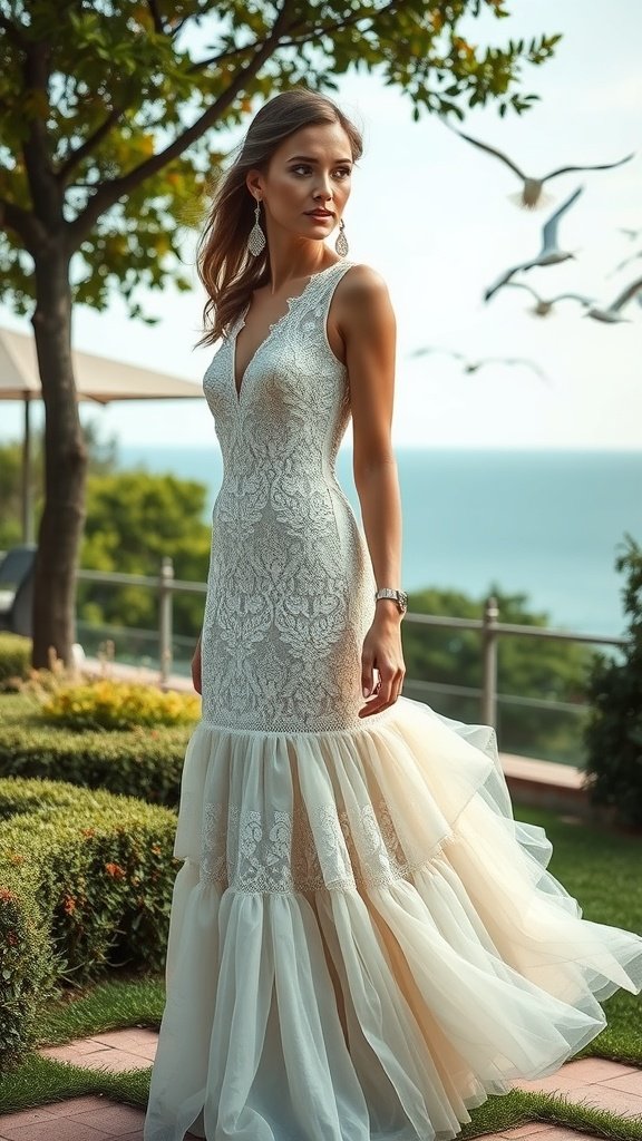 A model wearing a lace bridesmaid dress, standing in a garden with the ocean in the background.