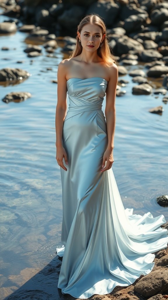 A woman in a light blue gown stands by the water's edge, surrounded by rocks, with a flowing train and a serene expression.