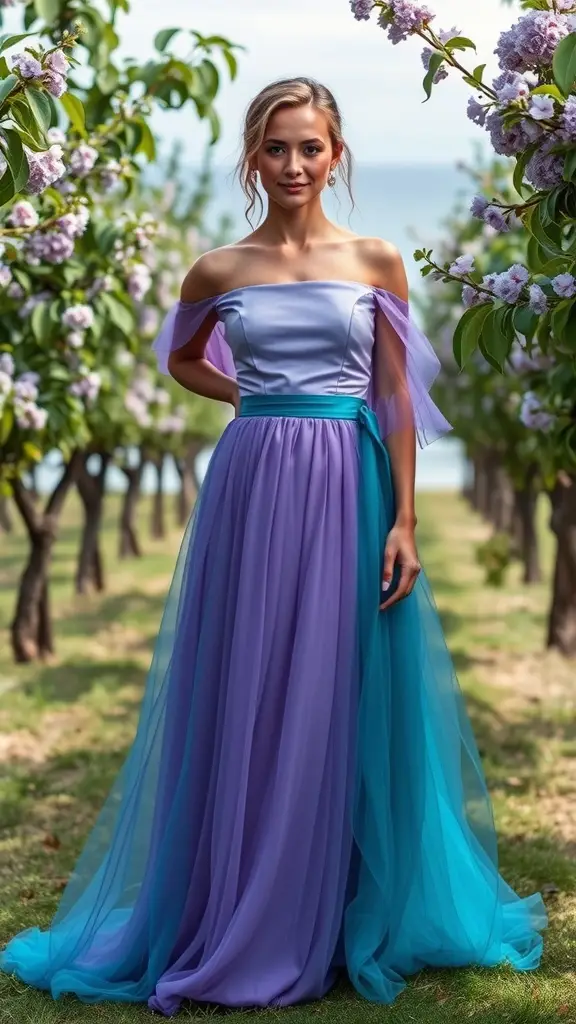 A model wearing a lavender bridesmaid dress in a garden setting