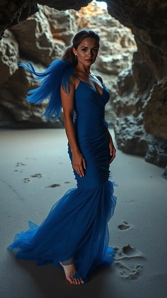 A model wearing a stunning blue bridesmaid dress with feathered accents, standing on a beach.
