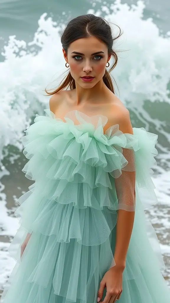 A model wearing a mint green bridesmaid dress with foam-tipped ruffles, standing near the ocean waves.
