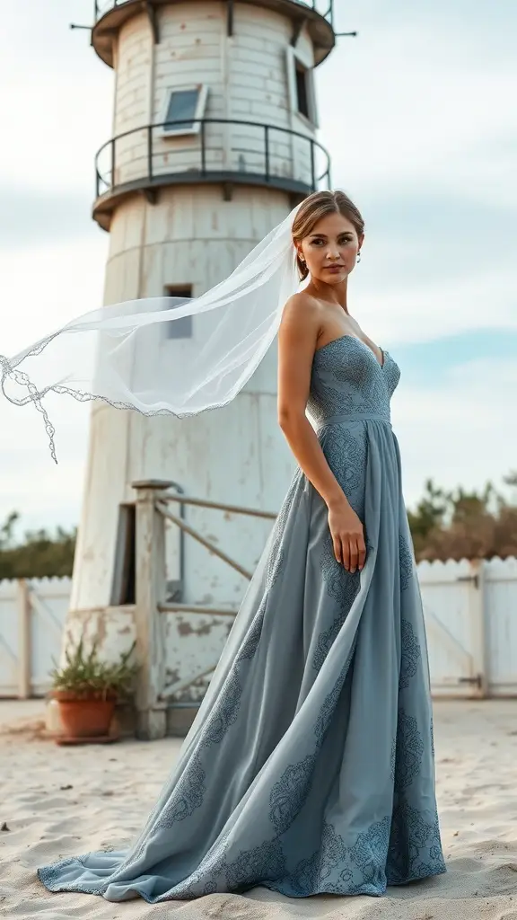 A woman in a blue bridesmaid dress stands in front of a lighthouse on a beach.