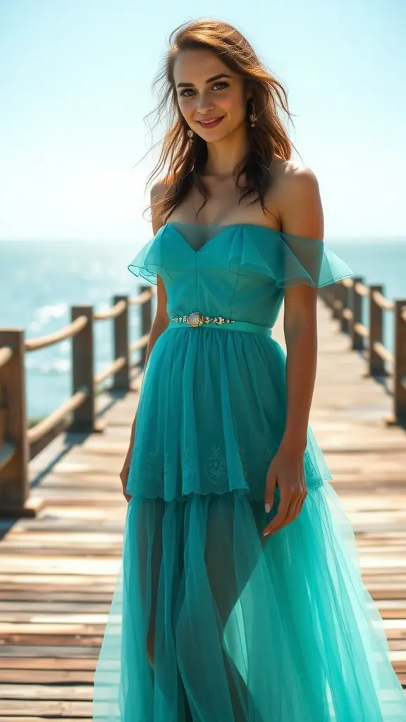 A woman in a flowing tulle dress stands on a wooden pier overlooking the ocean, showcasing the beauty of the Sea Siren Tulle design.
