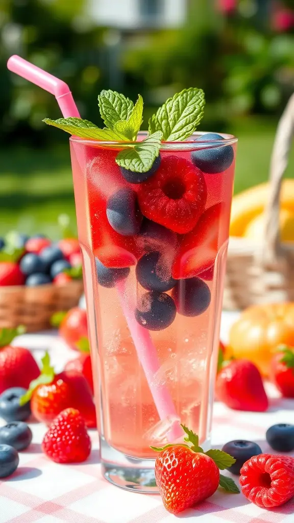 A refreshing glass of Sparkling Berry Bliss with strawberries, blueberries, and mint, perfect for summer.