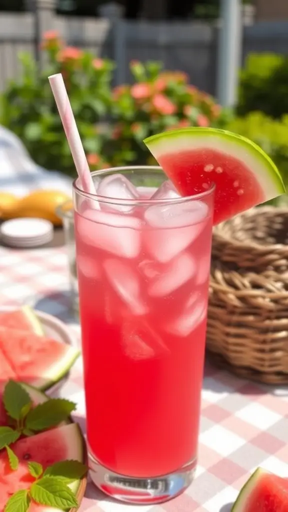 A refreshing Sweet Watermelon Splash drink with watermelon slices and mint leaves, served in a tall glass.