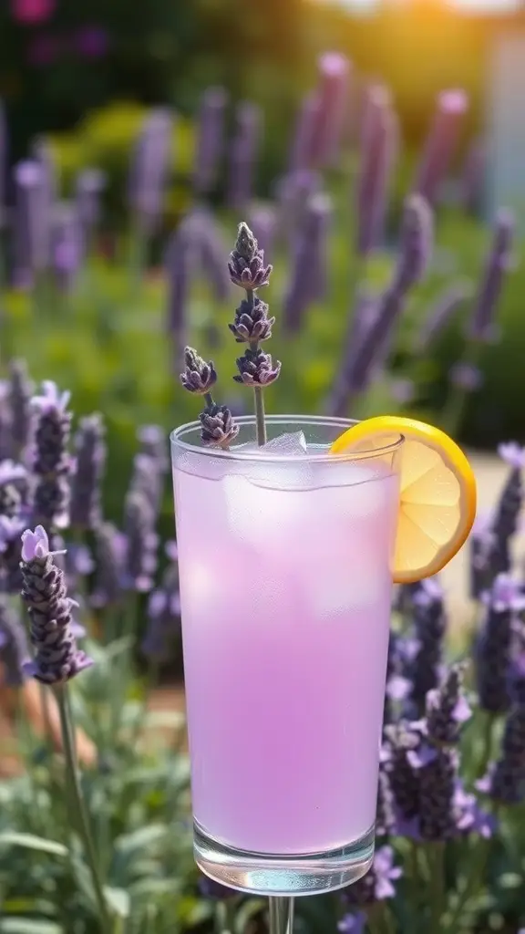 A refreshing glass of lavender lemonade with a lemon slice and lavender sprig, surrounded by blooming lavender flowers.
