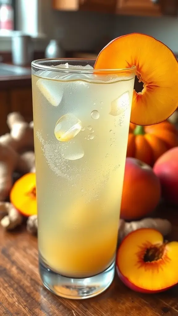 A refreshing glass of Spicy Ginger Peach Fizz with fresh peach slices and ginger roots