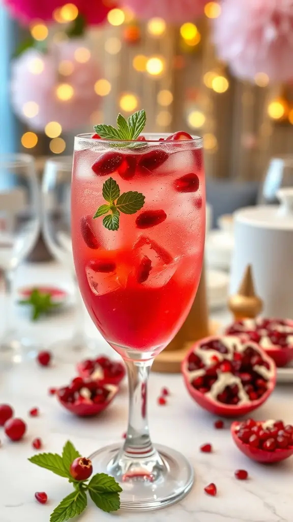 A refreshing Berry Pomegranate Sparkler drink garnished with mint and berries, set against a festive backdrop.