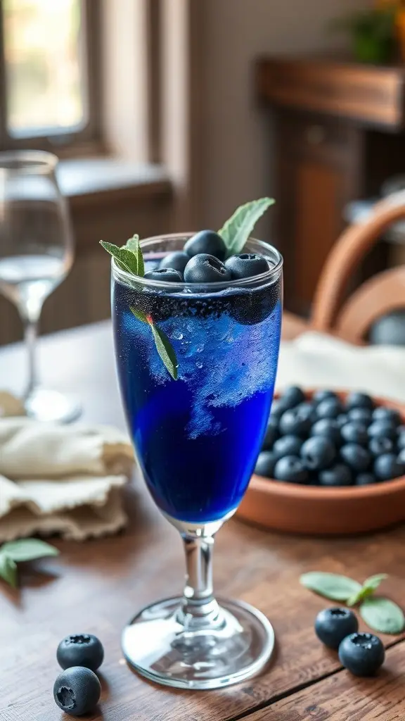A vibrant blue drink with blueberries and sage leaves, served in a tall glass.