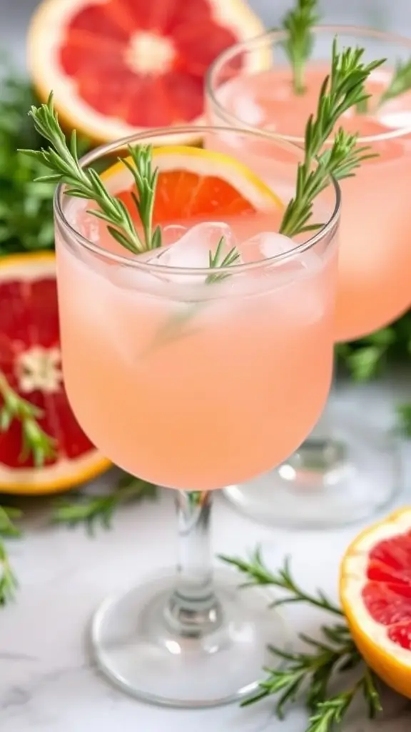 A refreshing grapefruit rosemary soda garnished with a slice of grapefruit and rosemary sprig, surrounded by fresh grapefruit slices and rosemary.