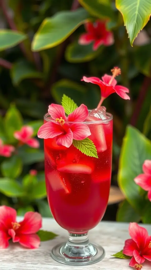 A vibrant Chilled Hibiscus Cooler garnished with hibiscus petals, surrounded by colorful flowers.