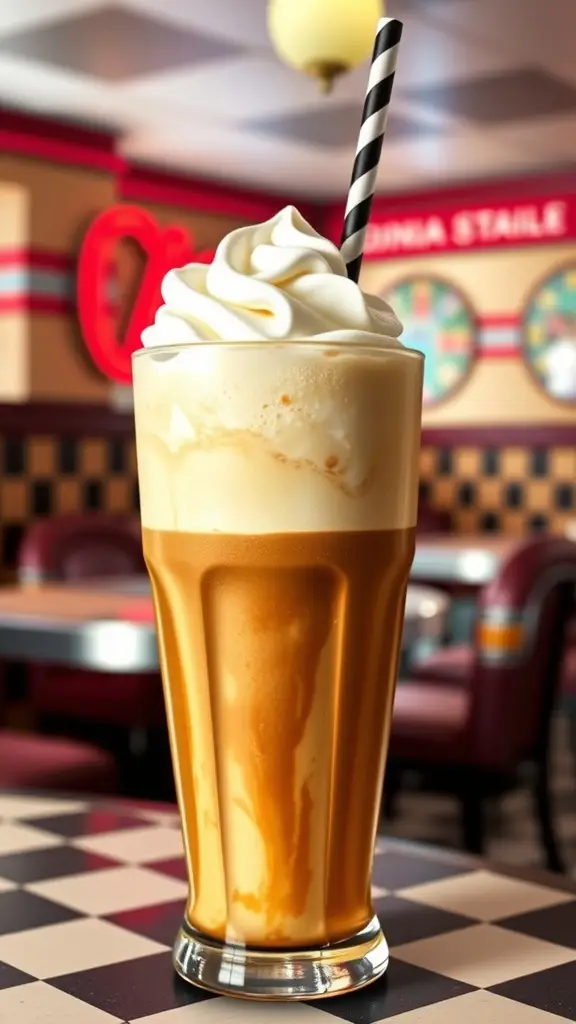A tall glass of creamy root beer float topped with whipped cream and a striped straw.