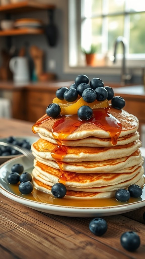 A stack of fluffy blueberry pancakes topped with syrup and fresh blueberries.