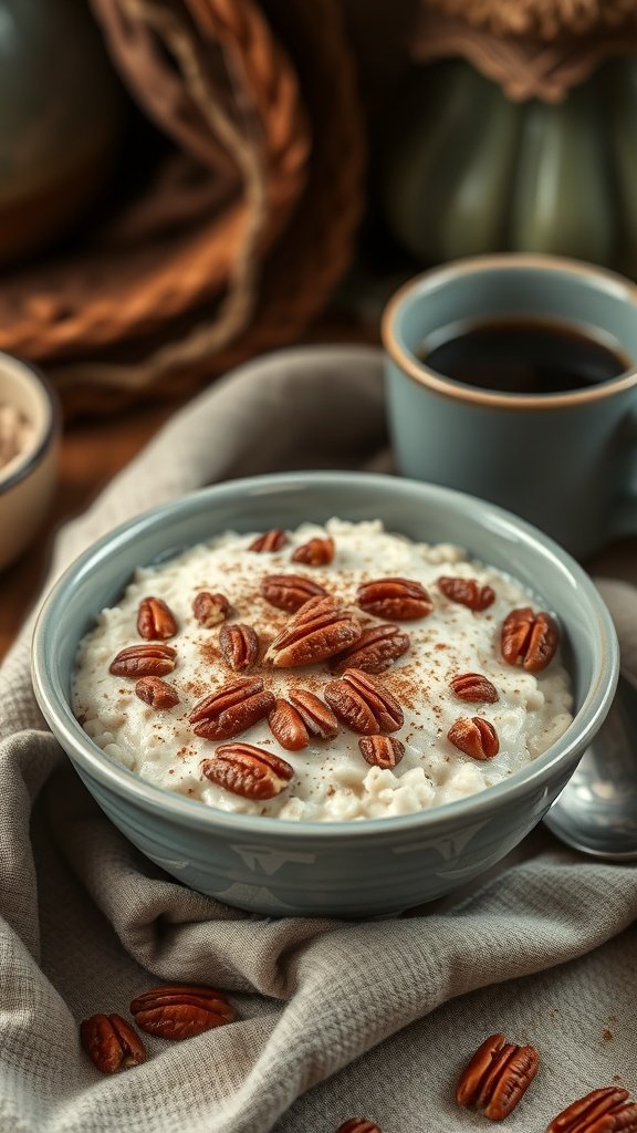 A bowl of maple pecan oatmeal topped with pecans and cinnamon, with a cup of coffee in the background.
