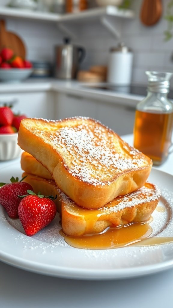 A plate of classic French toast topped with syrup and strawberries