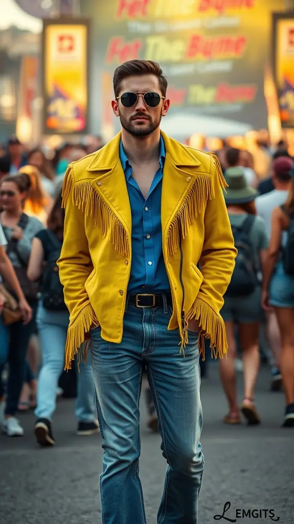 A stylish person in a yellow fringed jacket and blue shirt stands confidently in a crowd, showcasing a 1960s-inspired look.