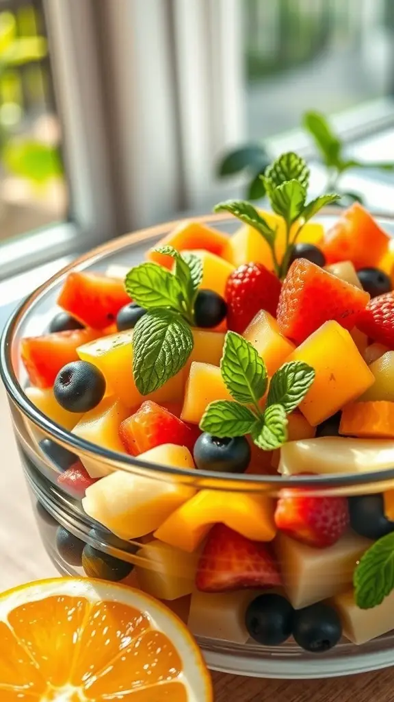 A colorful fruit salad with strawberries, blueberries, melon, and mint leaves in a glass bowl.
