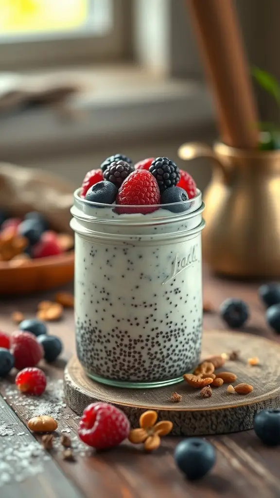 A jar of chia seed pudding topped with fresh berries and nuts, surrounded by more berries on a wooden surface.