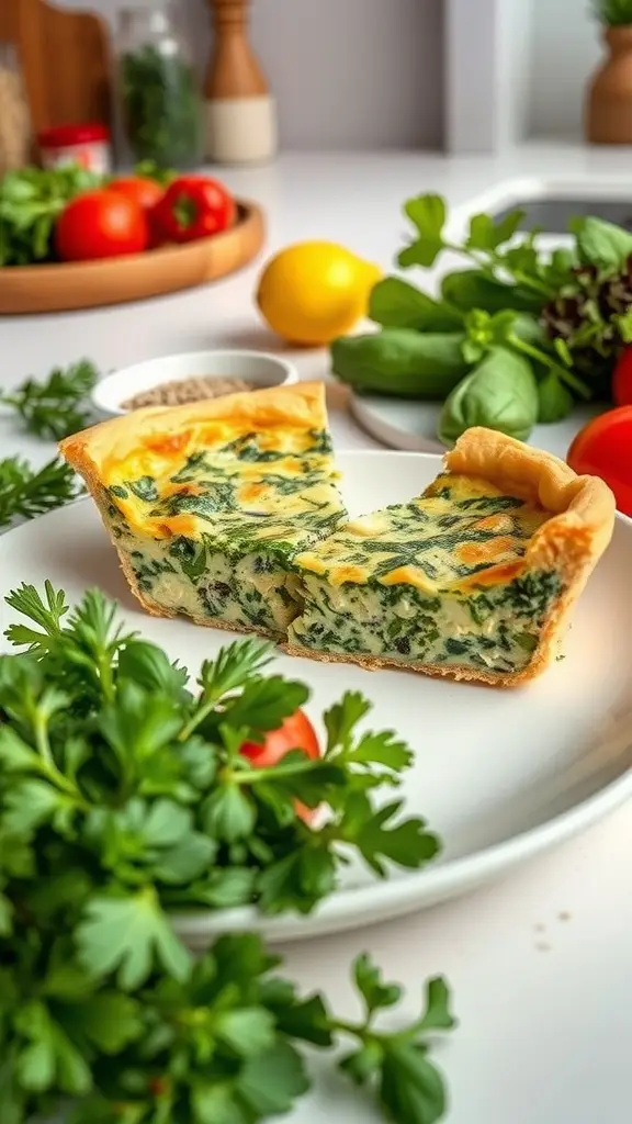A slice of spinach and feta quiche on a plate, surrounded by fresh herbs and vegetables.