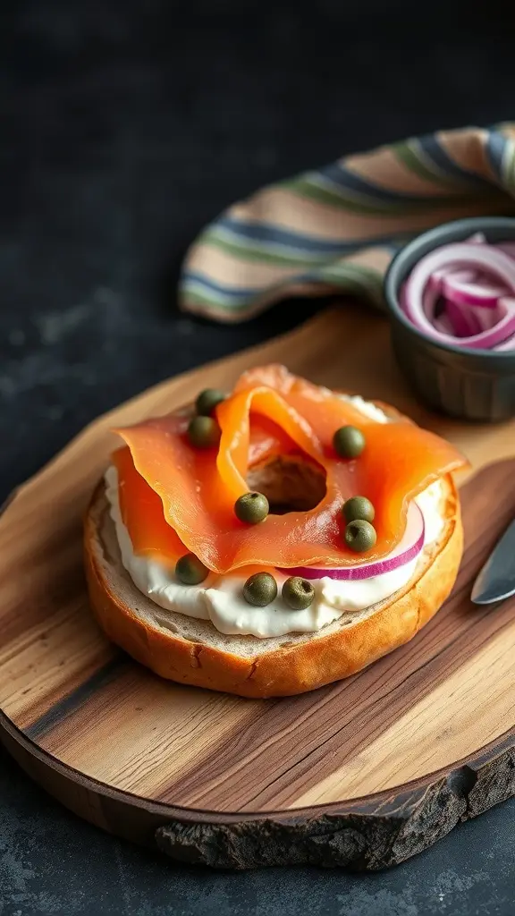 A bagel topped with cream cheese, lox, capers, and red onion on a wooden board.
