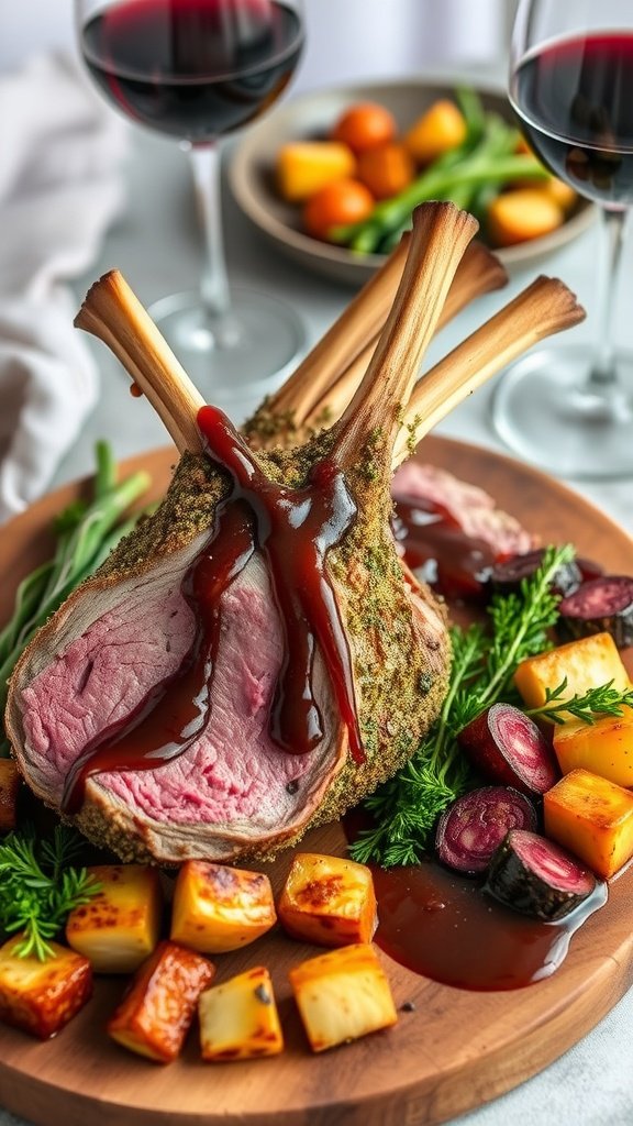 A beautifully plated herb-crusted rack of lamb with Merlot sauce and roasted vegetables.