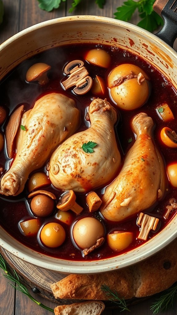 A pot of Chicken Coq Au Vin with vegetables and herbs, served with crusty bread.