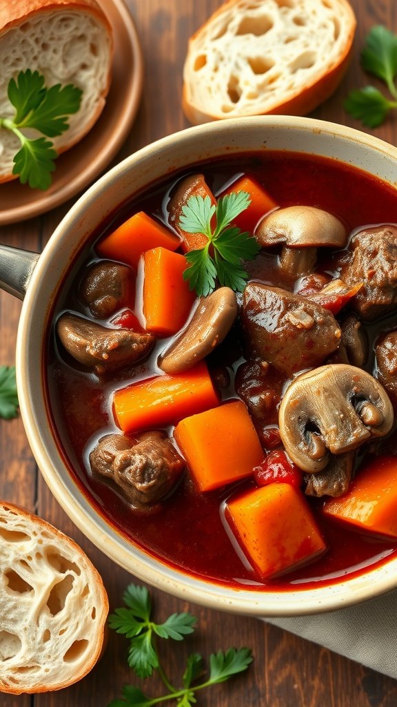 A bowl of Beef Bourguignon stew with carrots, mushrooms, and crusty bread on the side.