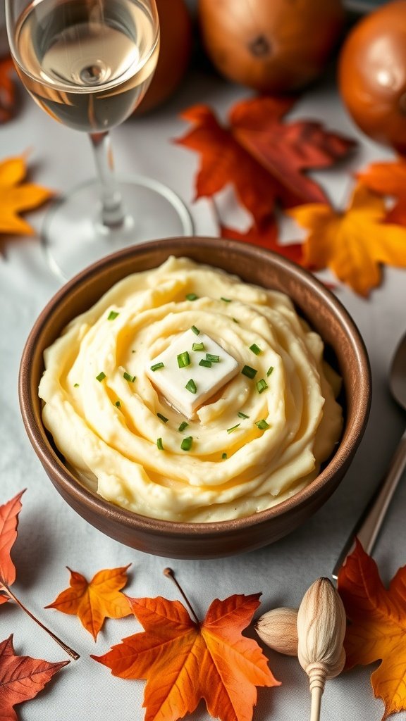 A bowl of garlic mashed potatoes with white wine, garnished with chives, and glasses of white wine in the background.