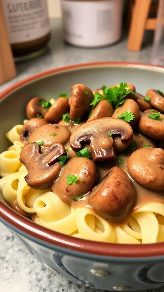 A bowl of mushroom stroganoff with pasta, garnished with parsley, set in a cozy kitchen.