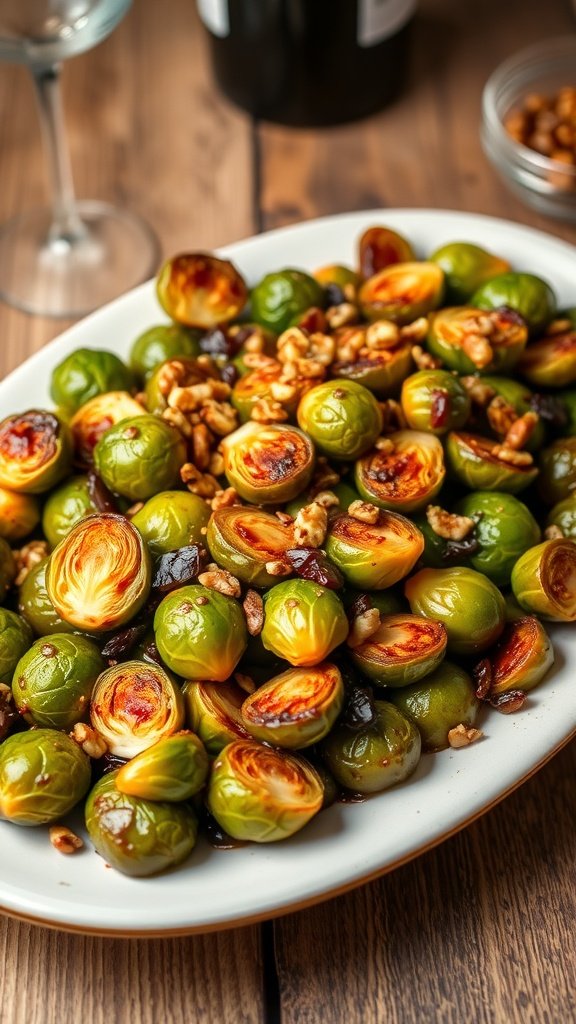 A plate of wine-glazed Brussels sprouts garnished with nuts and dried fruits, with a bottle of wine in the background.