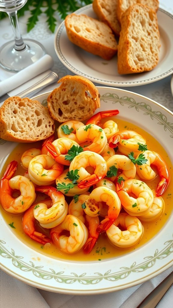 A plate of shrimp scampi with a buttery sauce, garnished with parsley, served with slices of toasted bread.