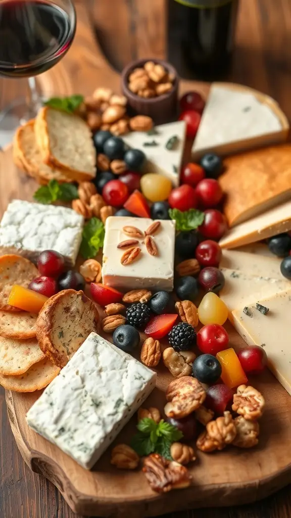 A beautifully arranged cheese platter with various cheeses, fruits, nuts, and a bottle of red wine.