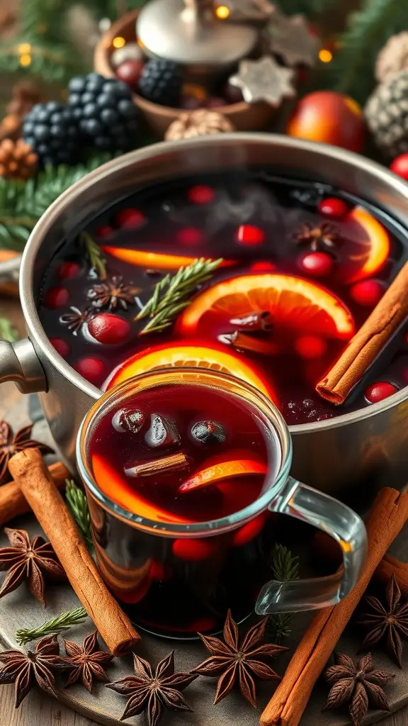A pot of steaming mulled wine with slices of orange and lemon, surrounded by cinnamon sticks and star anise.