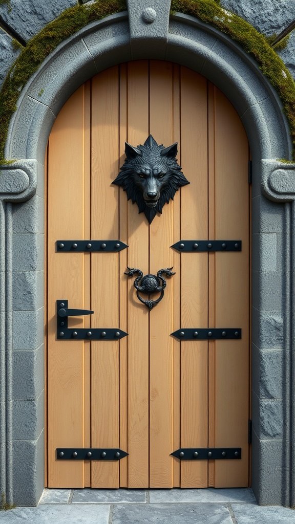A heavy, hand-carved wooden door with a wolf head knocker, representing the Winterfell Pine Gate from Game of Thrones.