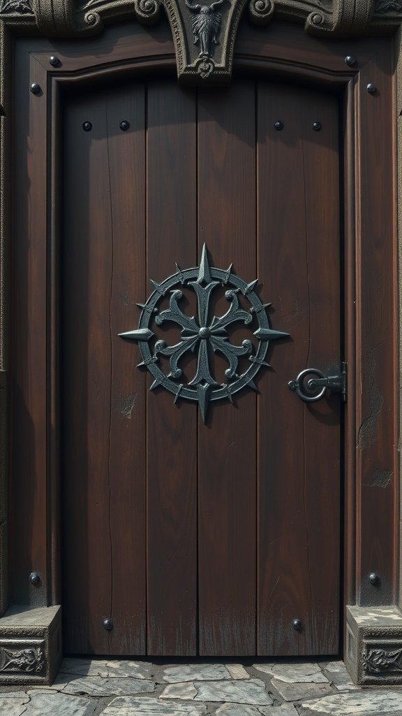 A heavy wooden door with intricate carvings and a central emblem, inspired by the strongholds of Westeros.