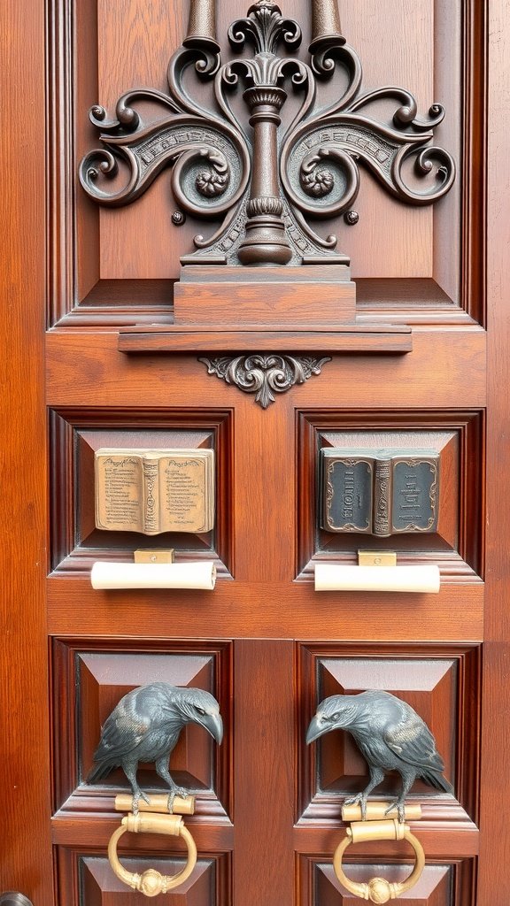 A heavy wooden door with intricate carvings, featuring black metal accents of ravens and an open book.