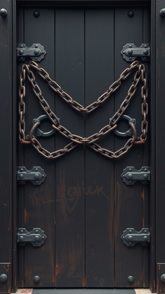A heavy, hand-carved wooden door with chains and ancient hardware, inspired by the Dreadfort from Game of Thrones.