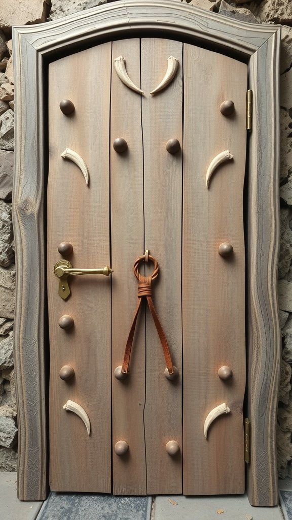 A heavy wooden door with tusk-like accents and a rustic finish, framed by a curved top.