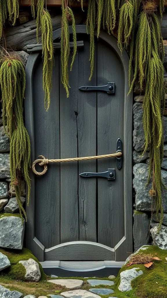 A heavy, hand-carved wooden door with a rustic rope latch, surrounded by greenery and stones.