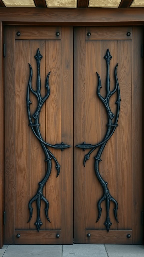 Heavy wooden doors with forked arch design and black hardware
