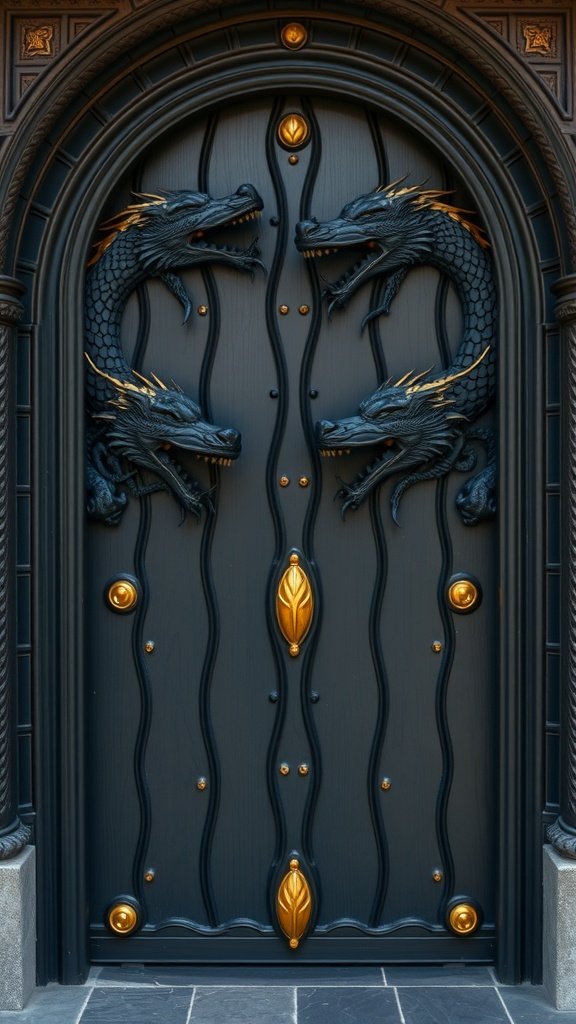 A heavy, hand-carved wooden door featuring dragon motifs and golden accents, inspired by the Blackfyre Rebellion.