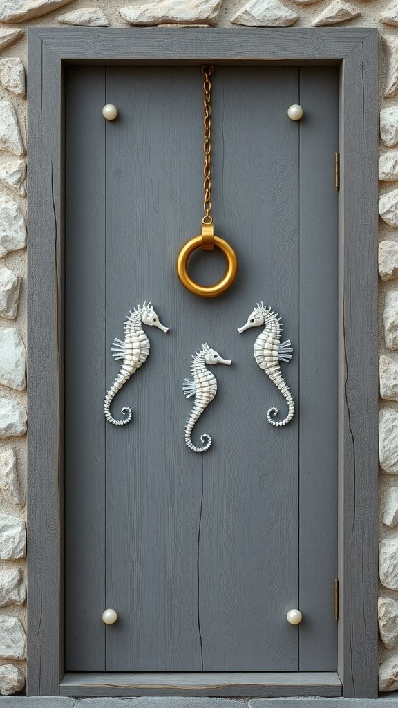 A gray wooden door adorned with seahorse designs and a golden ring, set against a stone wall.