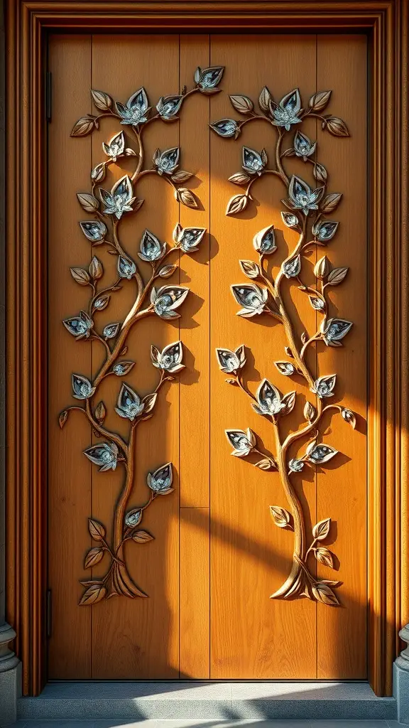 A beautifully carved wooden door with intricate vine and leaf designs, showcasing craftsmanship and natural beauty.