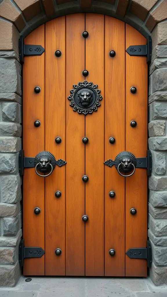 A heavy wooden door with lion-shaped knockers and a warm finish, set in a stone archway.